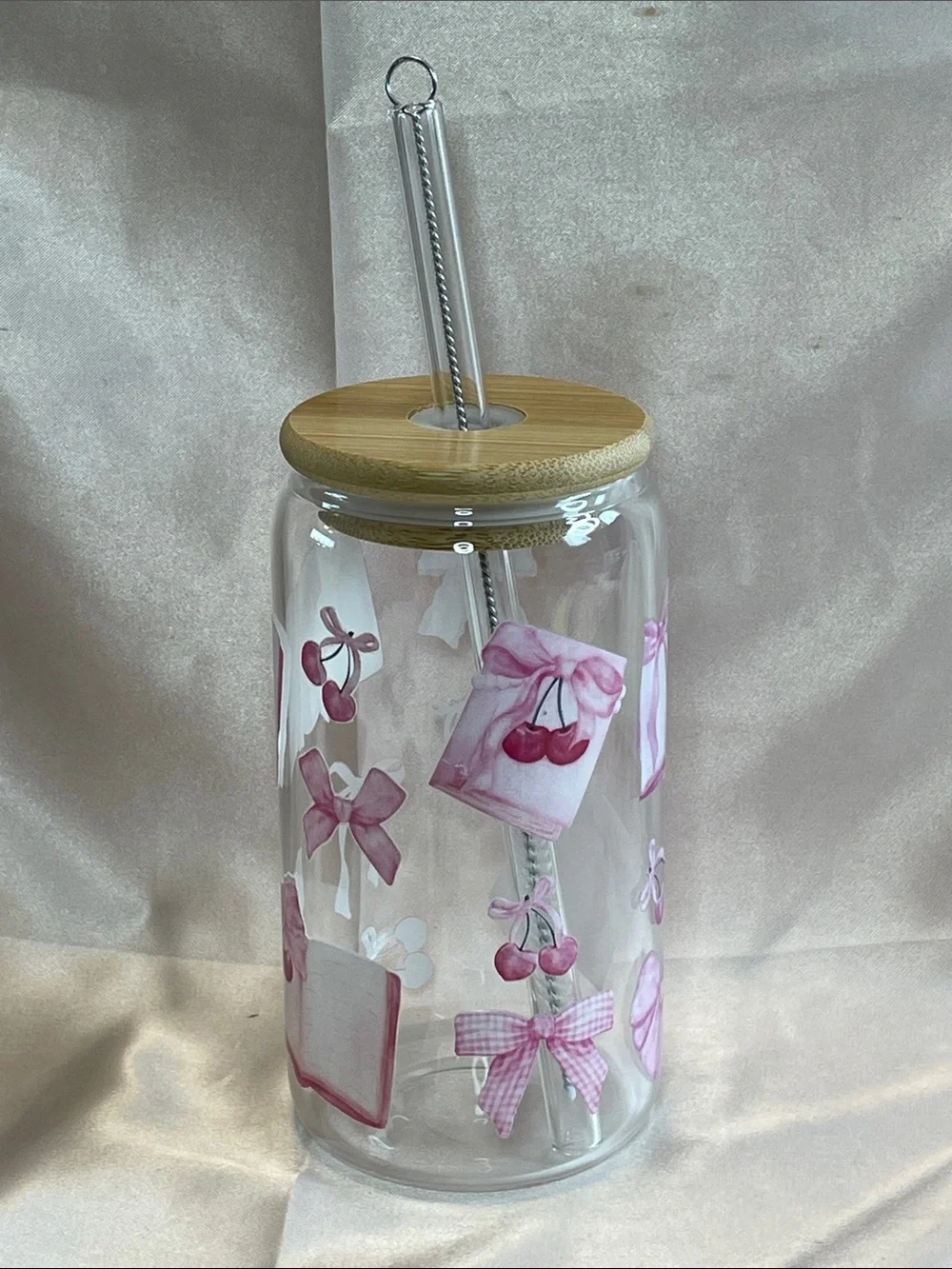 Glass Drink Jar with Bamboo Lid & Straw - Pink Cherry Design NEW